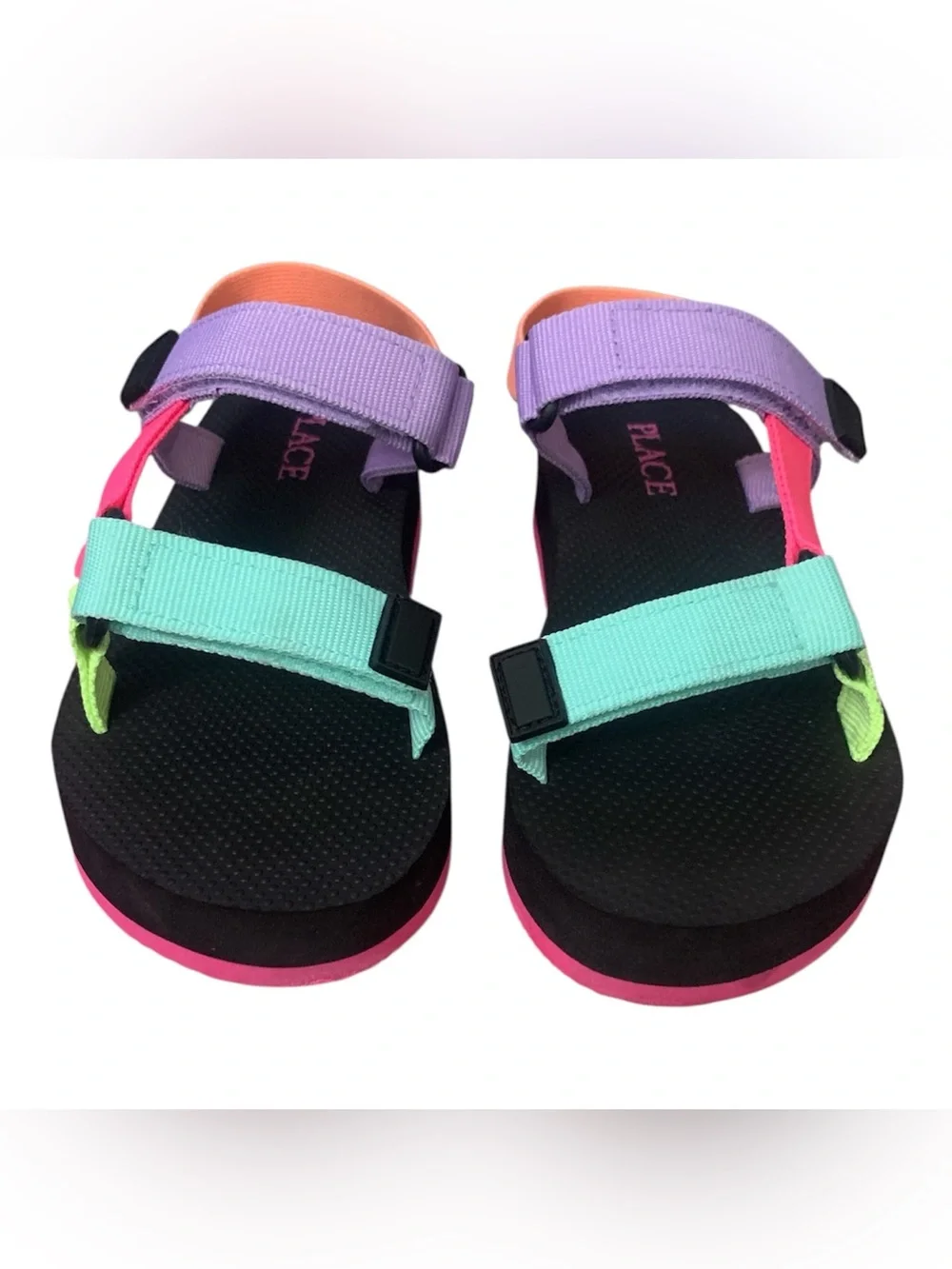 The Children's Place Black Sandals with Pink and Purple Velcro Straps Girl 13